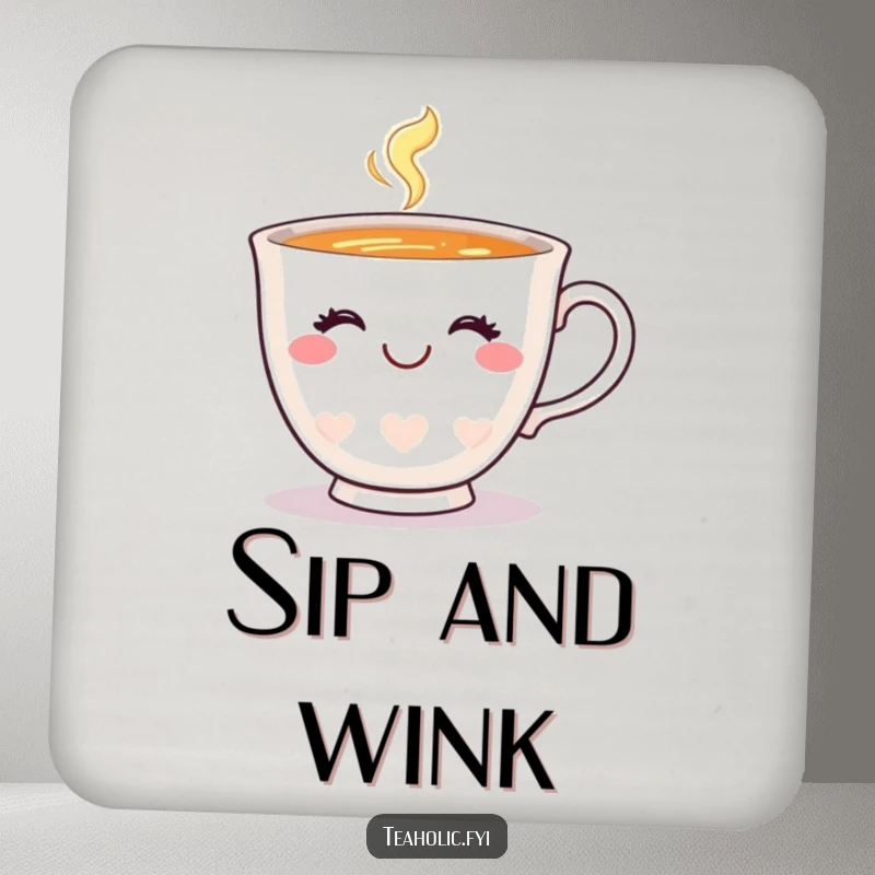 Funny teacup drink coaster featuring a happy teacup with a charming smile and a wink, protecting surfaces with style.