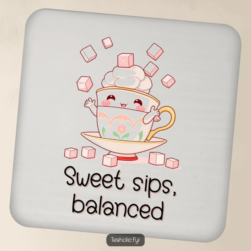 Funny coaster with a whimsical teacup character juggling sugar cubes, perfect for adding sweet style to table settings.