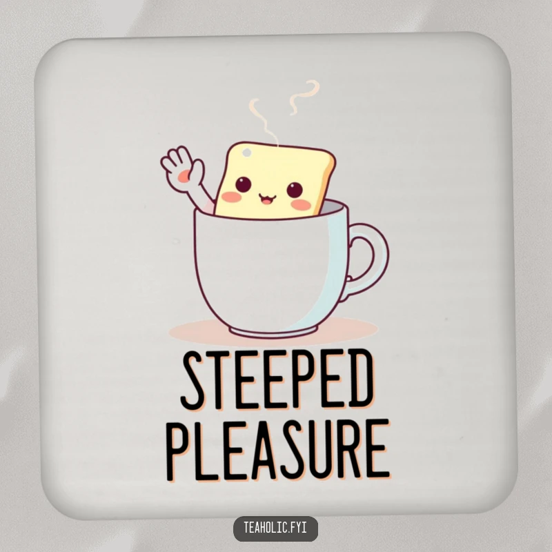 Funny coaster showing a kawaii tea bag character waving enthusiastically from inside a steaming mug.