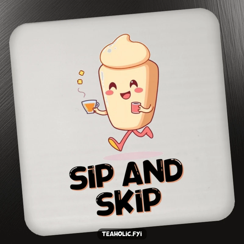 Funny pastry coaster showing a smiling pastry character happily skipping, holding a cup of tea, adding cheerful vibes to tabletops.