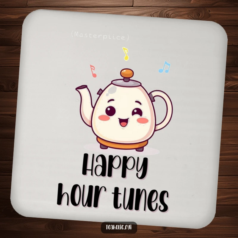 Funny drink coaster showing a smiling kettle character whistling a cheerful tune, a musical and humorous addition to any table.