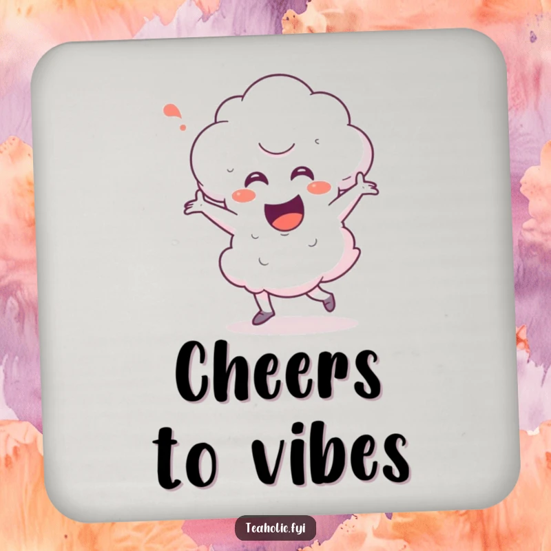 Funny steam cloud character in a cheerful happy dance, showcased on drink coasters, adding humor to your tabletop.