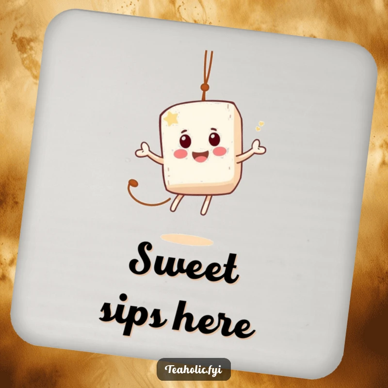 Funny drink coaster with a jovial sugar cube character bouncing on a tea bag string, adding sweet charm.