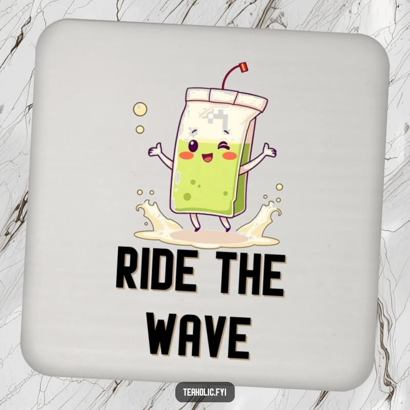 Funny drink coaster featuring a delighted tea bag character dancing in frothing tea waves, adding a playful and humorous element.