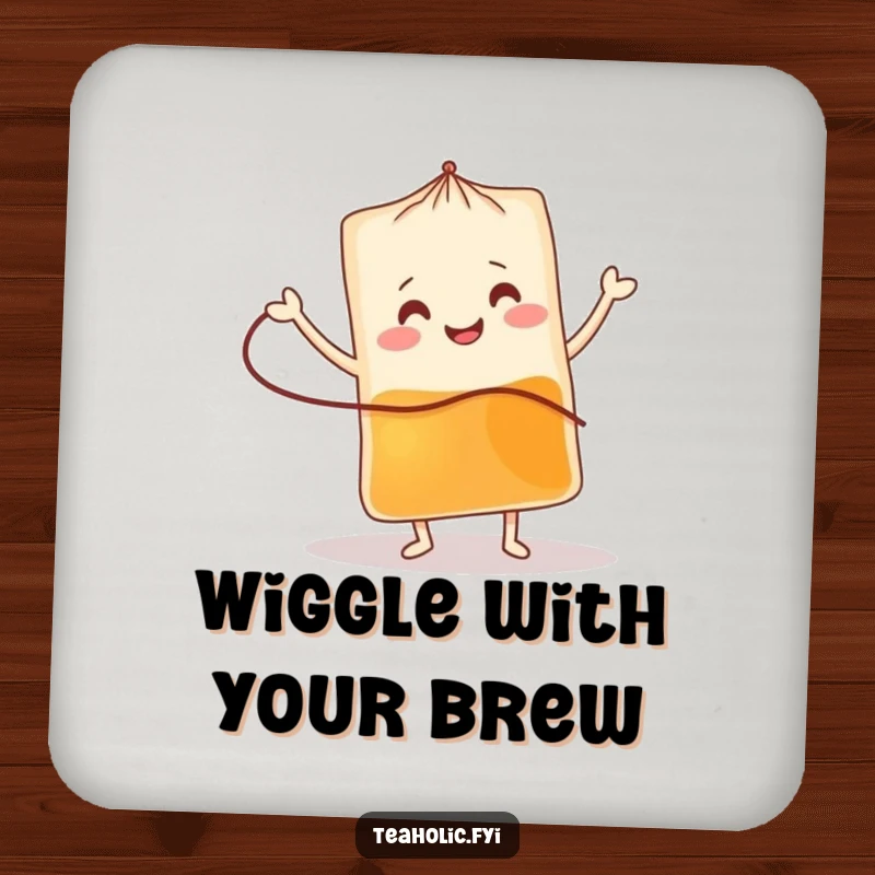 Funny tea bag coaster featuring a smiling character dancing a jig, a cute and funny gift for any table.