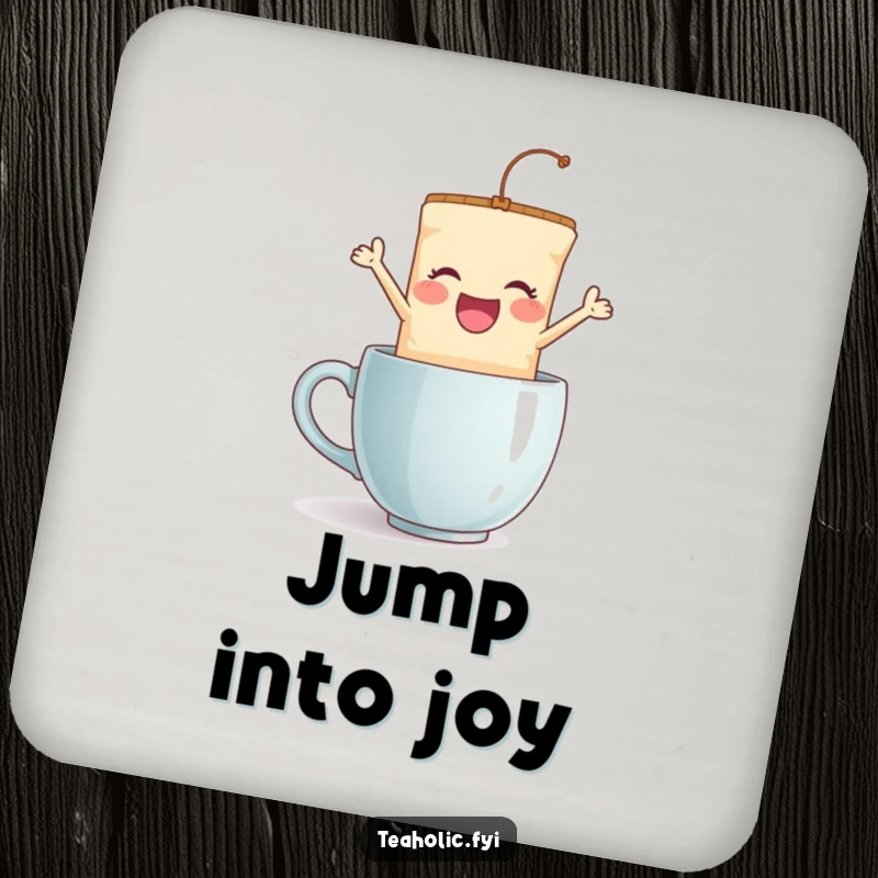 Funny tea bag jump coaster set, delighted characters joyfully leaping into mugs, protecting surfaces with humorous and energetic art.