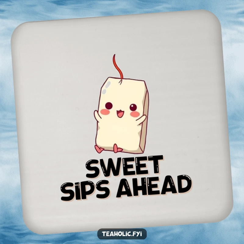 Funny drink coaster showcasing a tea bag character swinging from a sugar cube, protecting furniture with a humorous, artistic design.