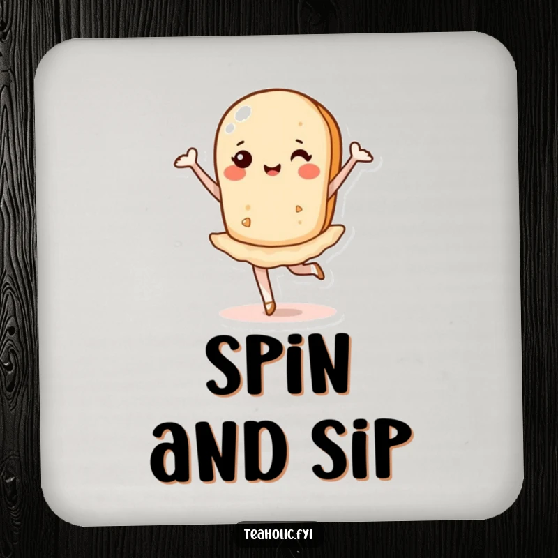 Funny coaster art displaying a tea biscuit in a dynamic ballet pirouette, protecting your surfaces with style.