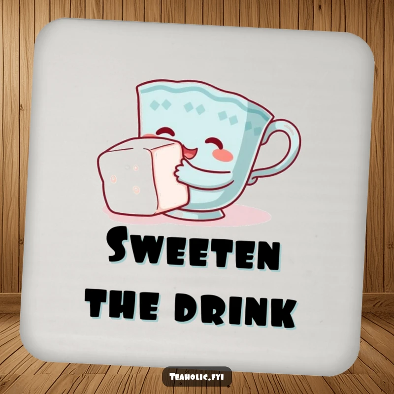 Funny teacup coaster, character comically hugging sugar cube, protective and cute, excellent funny gift.