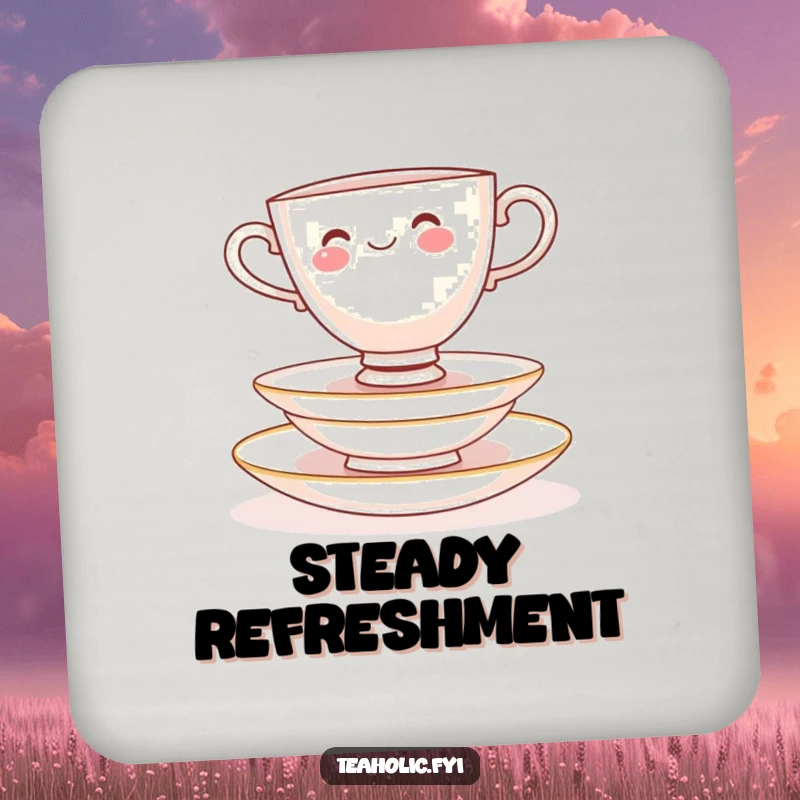 Funny Coasters: Cheerful teacup character balancing on delicate saucers, protects surfaces with charm.