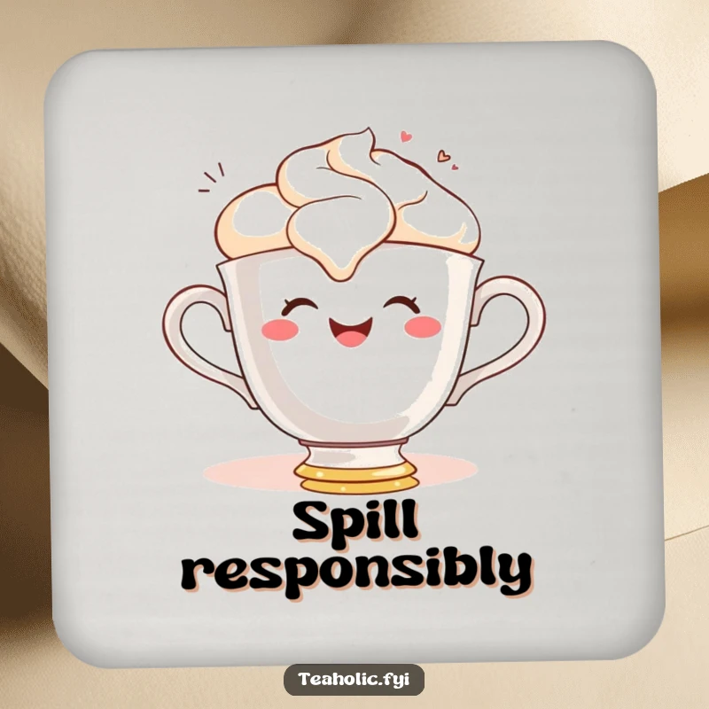 Funny drink coaster with a gleeful teacup character smiling while spilling frothy tea, adding playful charm.