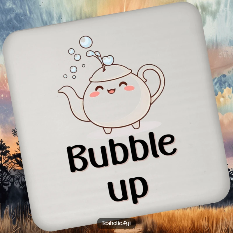 Funny Coasters: Set featuring a teapot character comically dousing itself with bubbles, protecting surfaces humorously.