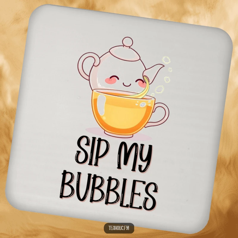 Funny drink coaster featuring a giggling teapot character pouring tea bubbles, adding a touch of humor to your tabletop.