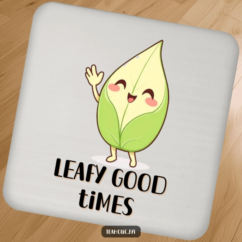 Funny waving tea leaf coaster set, smiling characters enthusiastically waving hello, protecting surfaces with cheerful and humorous art.