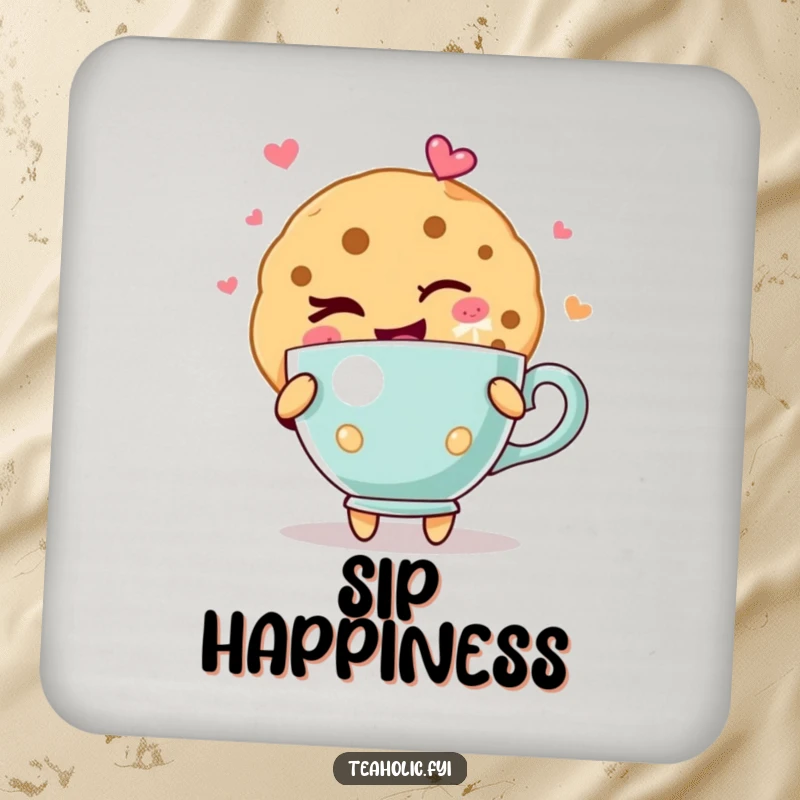 Funny cookie coaster showing a cookie character with a mischievous wink, holding a teacup overflowing with visible, pure joy.