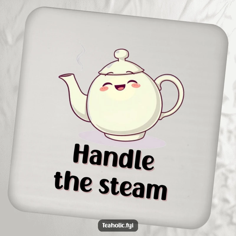 Funny drink coaster featuring a teapot character comically tripping over its steam plume, protecting furniture with humor.