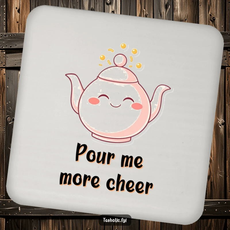 Funny drink coaster with a smiling teapot overflowing with joy, adding a warm, happy touch to any surface.