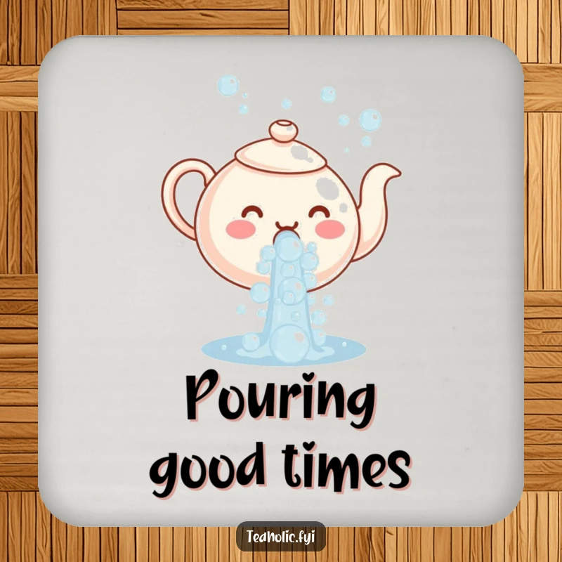 Funny drink coaster featuring a teapot character pouring a cascade of bubbles, a cute and humorous table accessory.