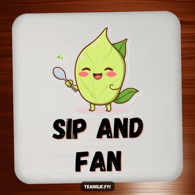 Funny smiling tea leaf character fanning itself with a small spoon, a humorous and protective coaster.