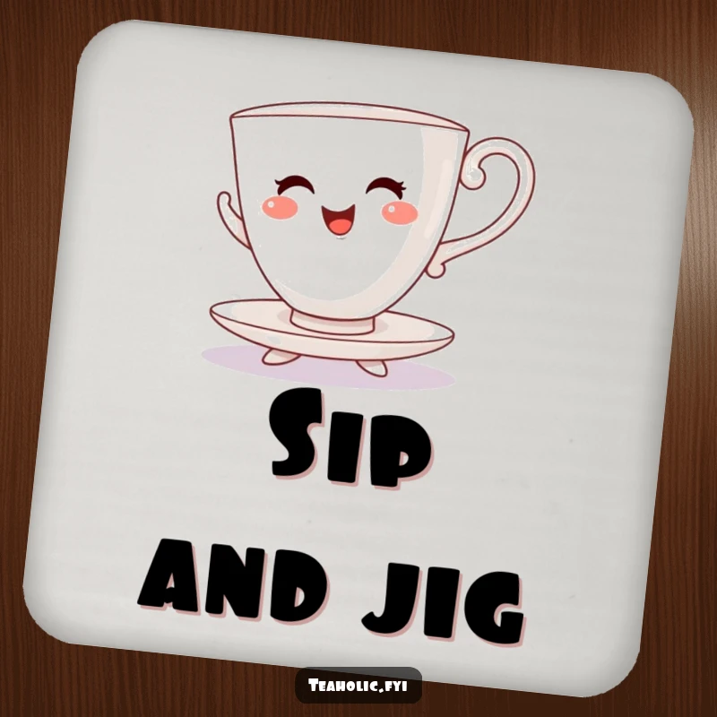 Funny coaster showing a cheerful teacup character dancing a lively jig on its saucer feet.
