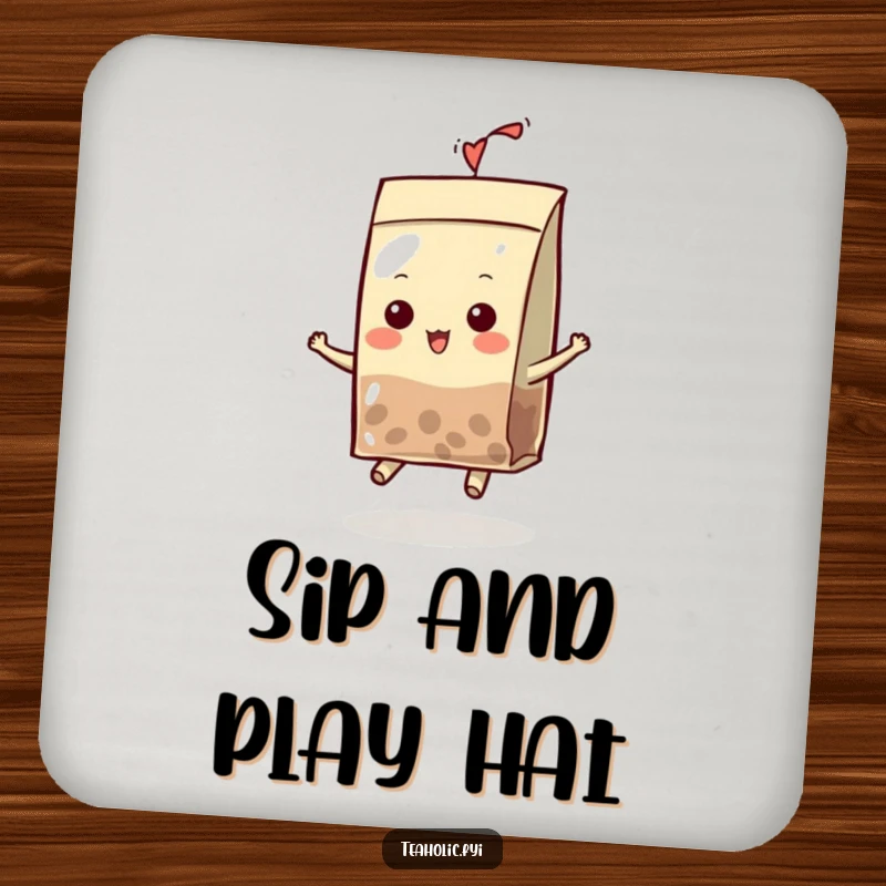 Funny Coaster depicting a cute tea bag character with a hat, bouncing playfully, adding a touch of whimsical protection.