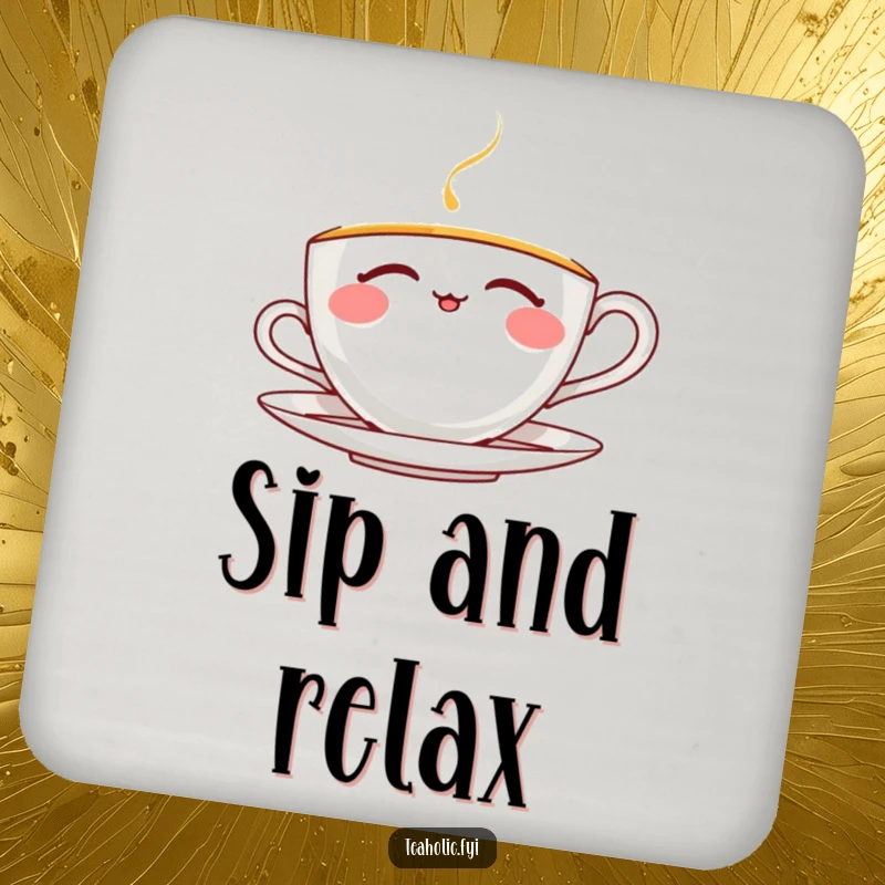 Funny thrilled teacup coaster featuring a character blissfully sipping tea with closed eyes, offering both protection and humor.