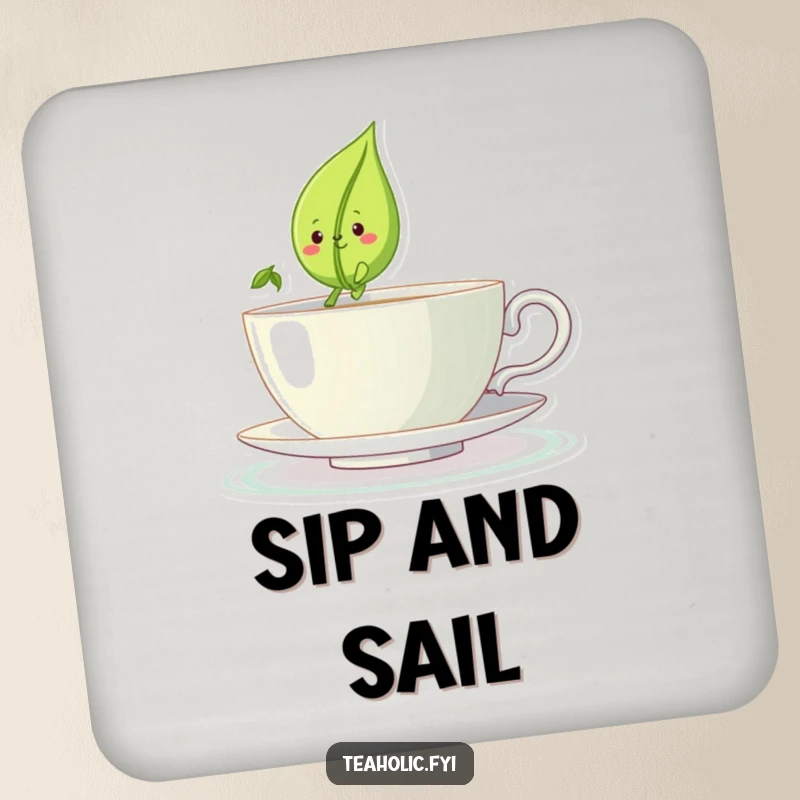 Funny drink coaster with a smiling tea leaf character sailing across a teacup, a practical funny gift.