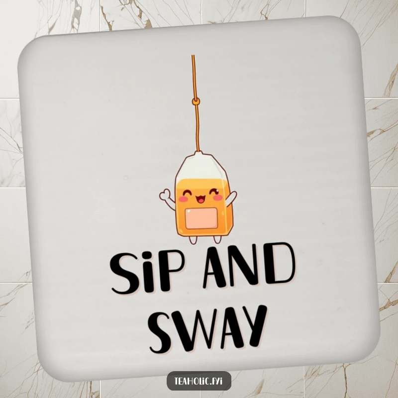 Funny drink coaster with a delighted tea bag character dangling and waving, protecting surfaces with charm.