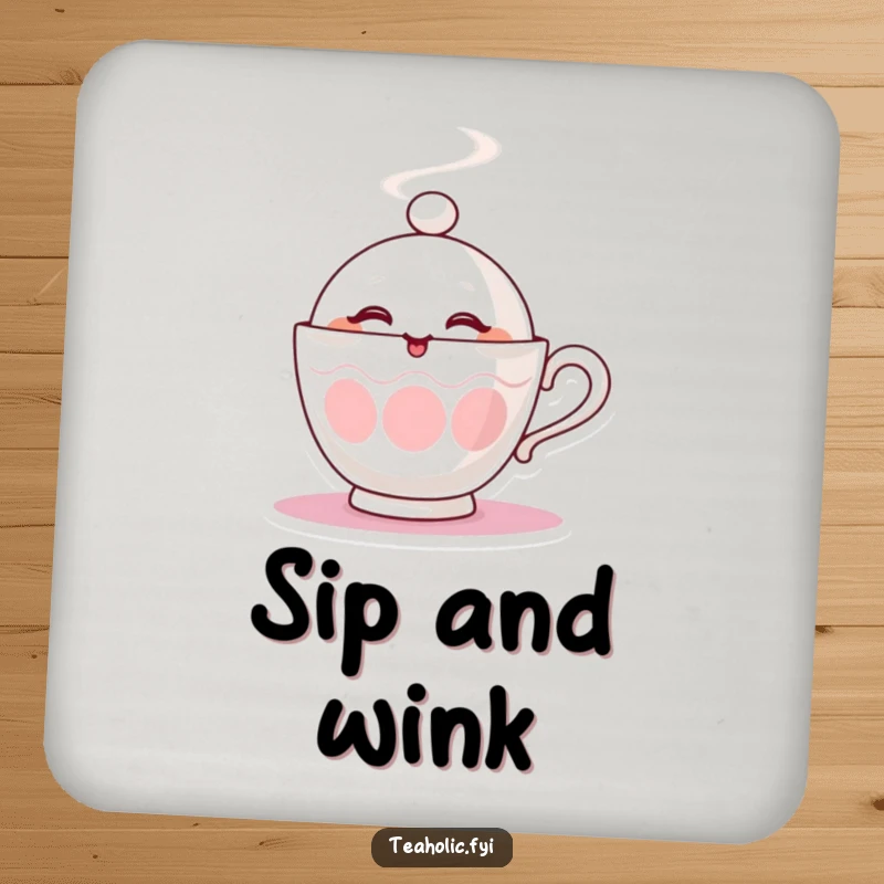 Funny drink coaster with a steaming teacup character playfully winking, protecting your furniture with style.