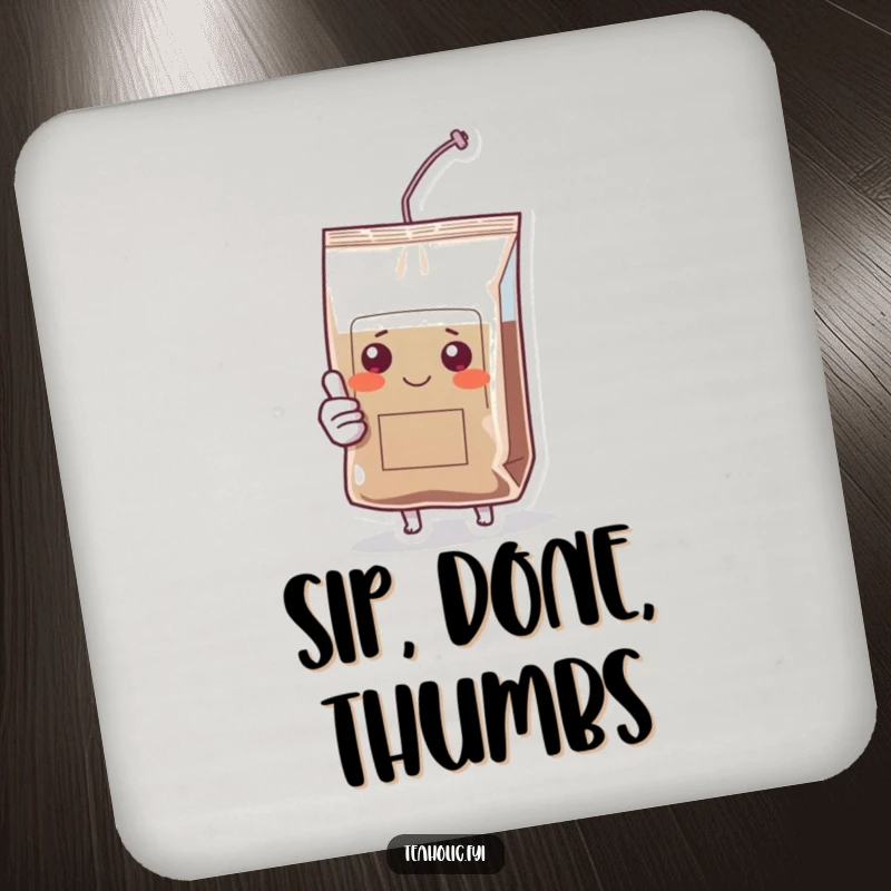 Funny coaster with a smiling tea bag character giving a thumbs up, protecting surfaces with a humorous touch.