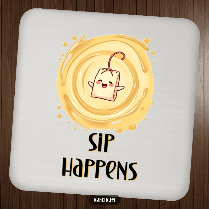 Funny drink coaster showing a delighted tea bag character floating in a swirling tea vortex, a practical funny gift.