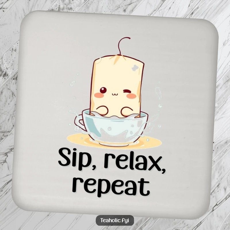 Funny drink coaster featuring a tea bag character splashing playfully in a mug of hot water, a cute and humorous accessory.