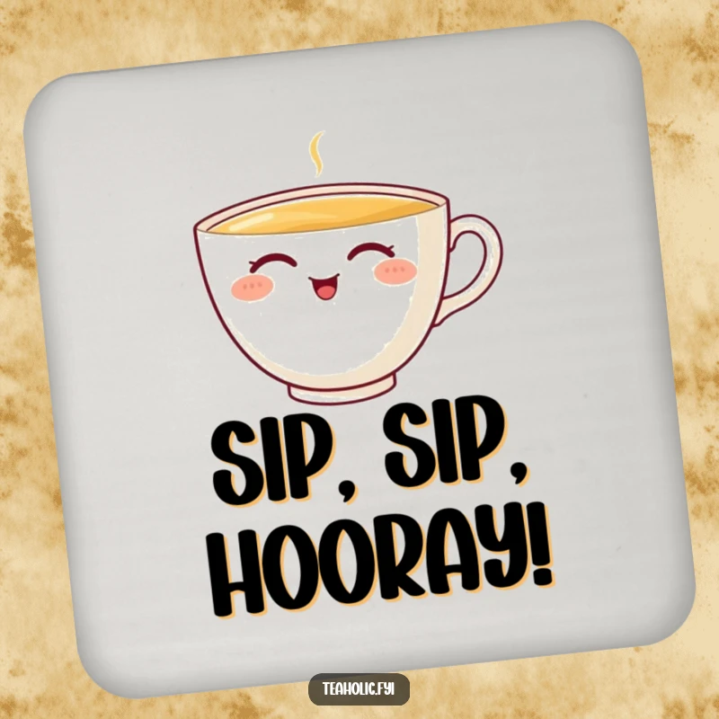 Funny teacup coaster featuring a happy character enjoying a sip, a cute and funny gift for tabletops.