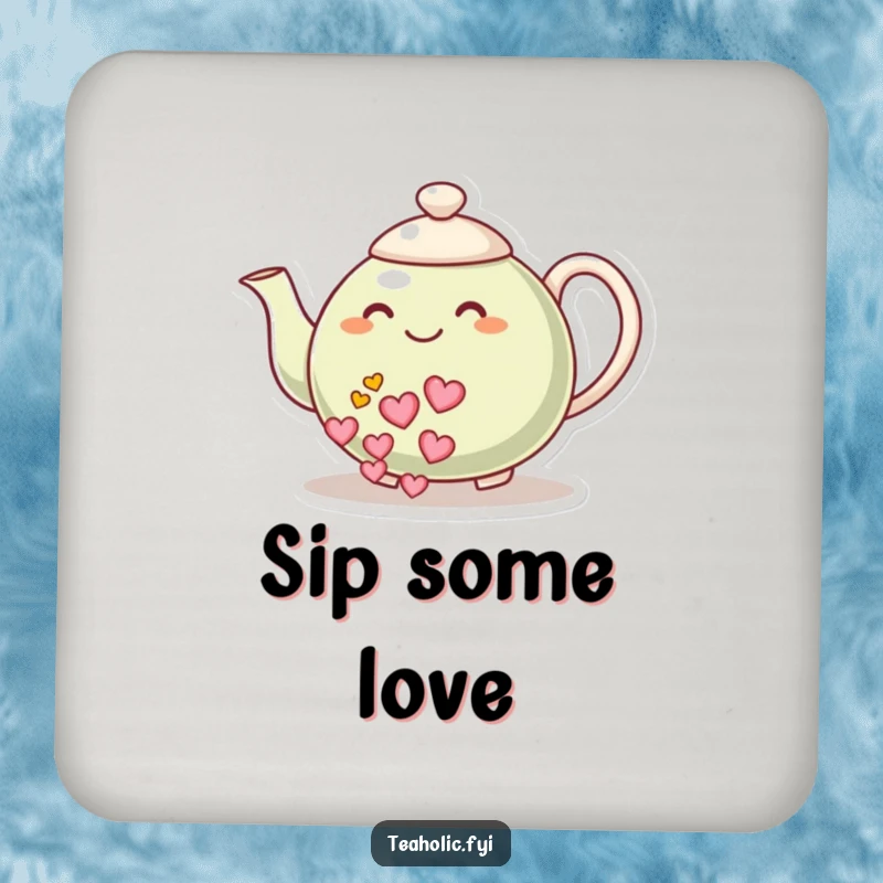 Funny coaster: A smiling teapot character pours a stream of hearts, protecting surfaces with a message of love.