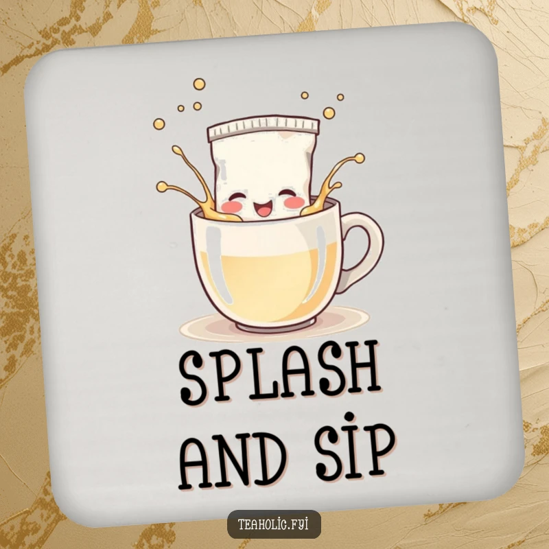 Funny Coasters: Happy tea bag character splashing playfully in a steaming mug, protects surfaces with cheer.