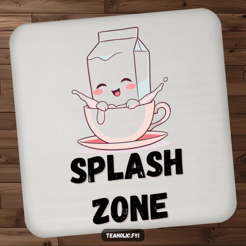 Funny drink coaster showing a winking milk carton character playfully splashing into a teacup, adding a fun touch.