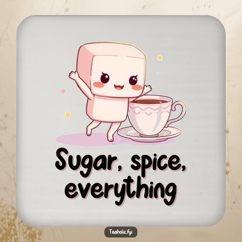 Funny sugar cube coaster featuring a dancing character near a teacup, offering protection and a sweet, energetic aesthetic.