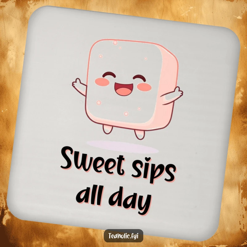 Funny drink coaster with a jolly sugar cube bouncing happily, adding a sweet, cheerful touch to any surface.