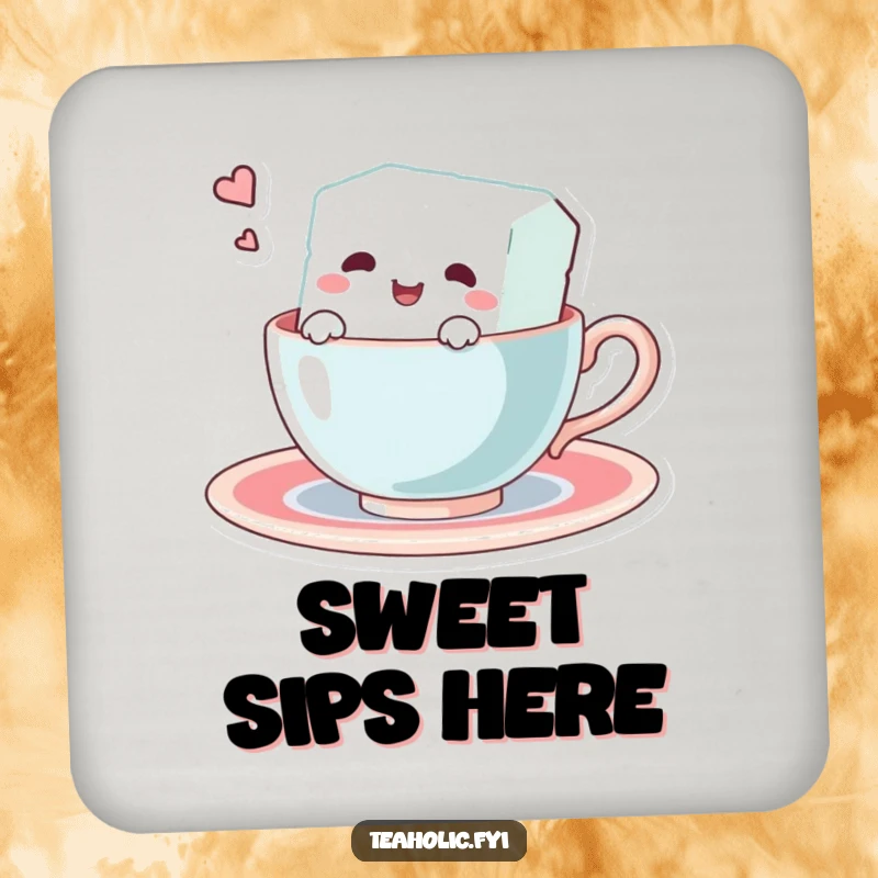 Funny drink coaster showcasing a cute sugar cube character swimming in a teacup. Protects furniture with a humorous touch.