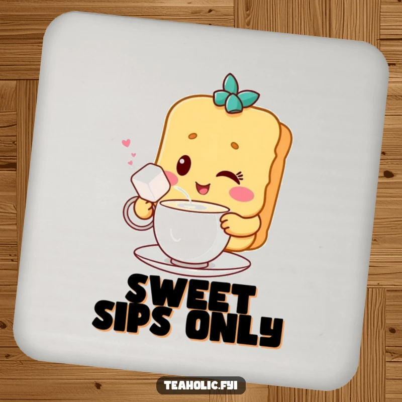 Funny drink coaster featuring a winking biscuit character sharing tea with a sugar cube, adding a sweet and humorous element.