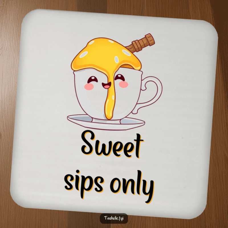 Funny drink coaster with a happy honey pot character comically dripping onto a teacup handle, protecting surfaces with humor.