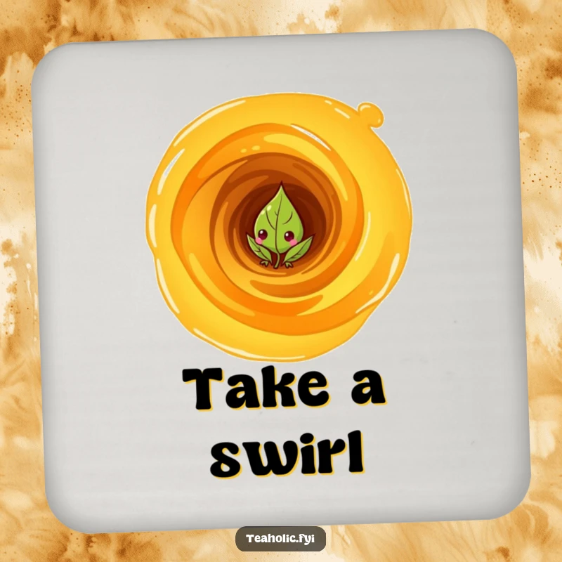 Funny Coasters: Curious tea leaf character peeking from a swirling vortex of tea, protects surfaces mysteriously.