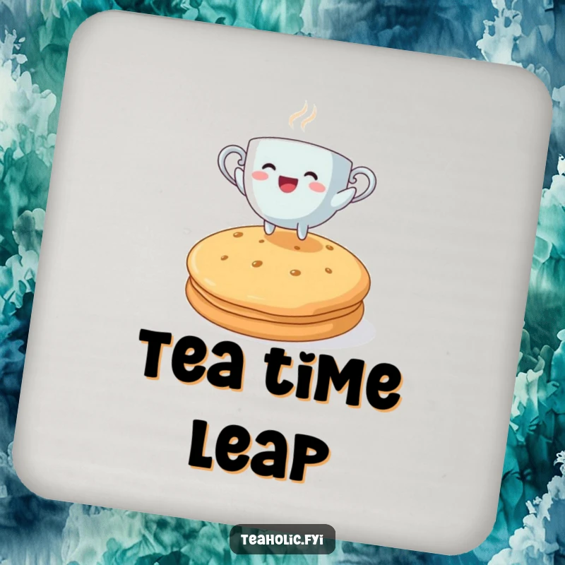 Funny teacup character joyfully leaping over a large biscuit, a humorous and protective drink coaster.