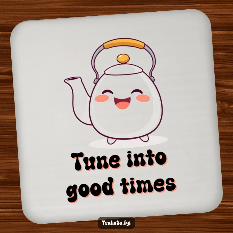 Funny tea kettle coaster featuring a happy whistling character, a cute and funny gift for tables.