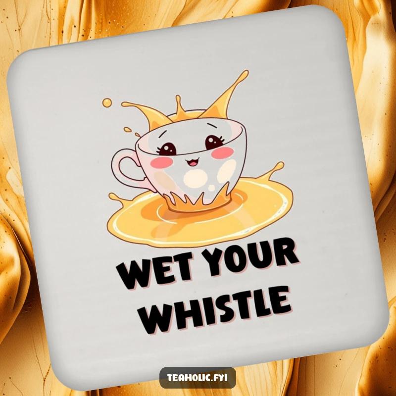 Funny drink coaster showing a teacup character splashing in tea, perfect for a touch of playful decor.