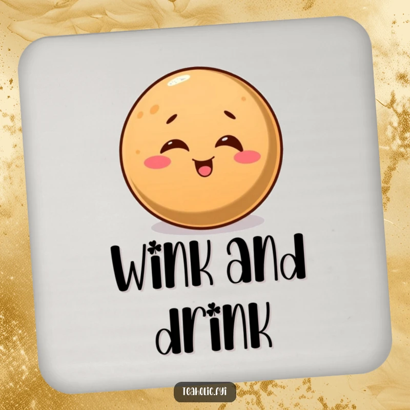 Funny coaster art showing a round coffee bean winking playfully, adding a touch of humor to drink service.