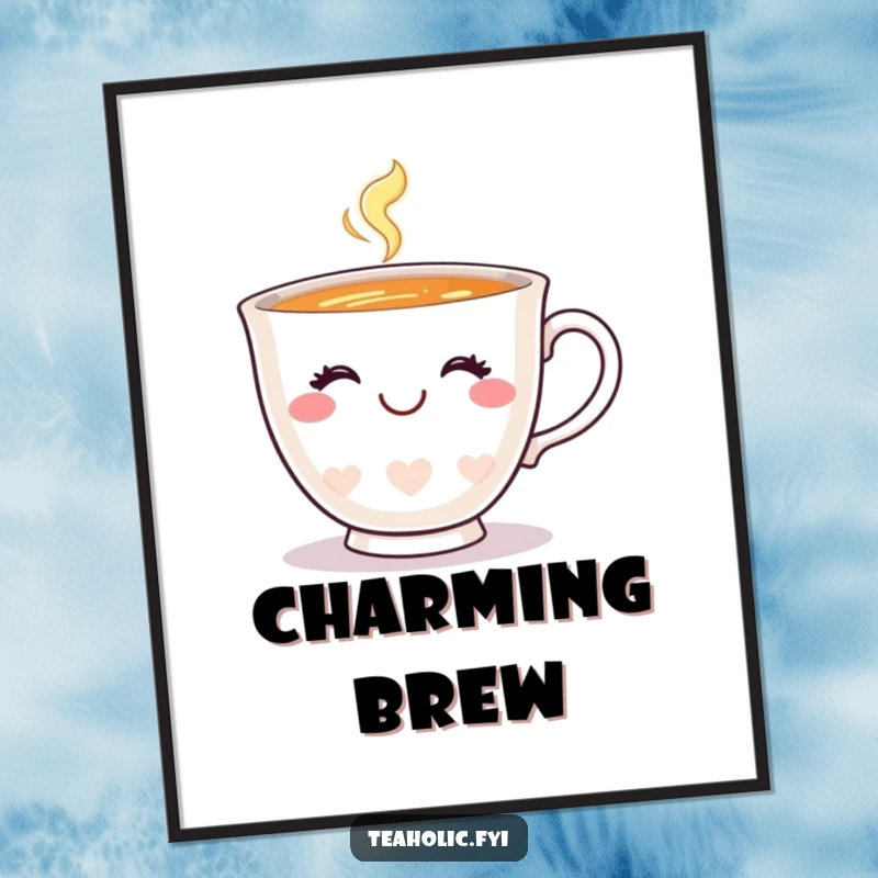 Funny teacup poster art of a happy teacup with a charming smile and a wink, adding cheerful decor.