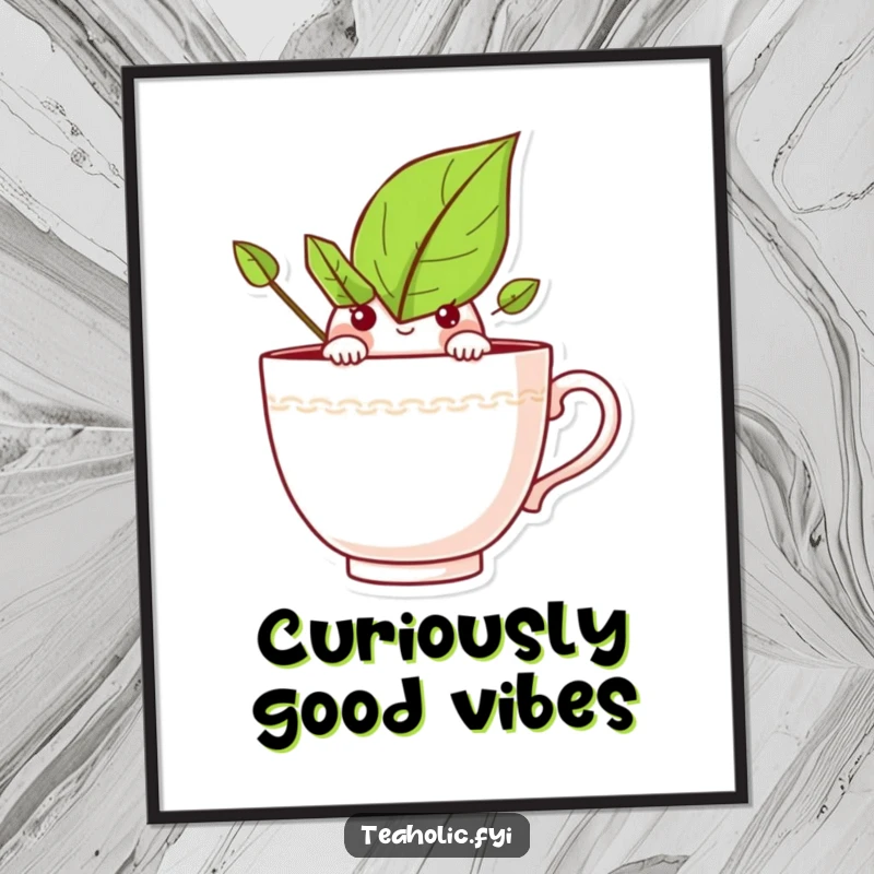 Funny poster art of a curious tea leaf character peeking over a teacup rim, adding intrigue and humor to decor.