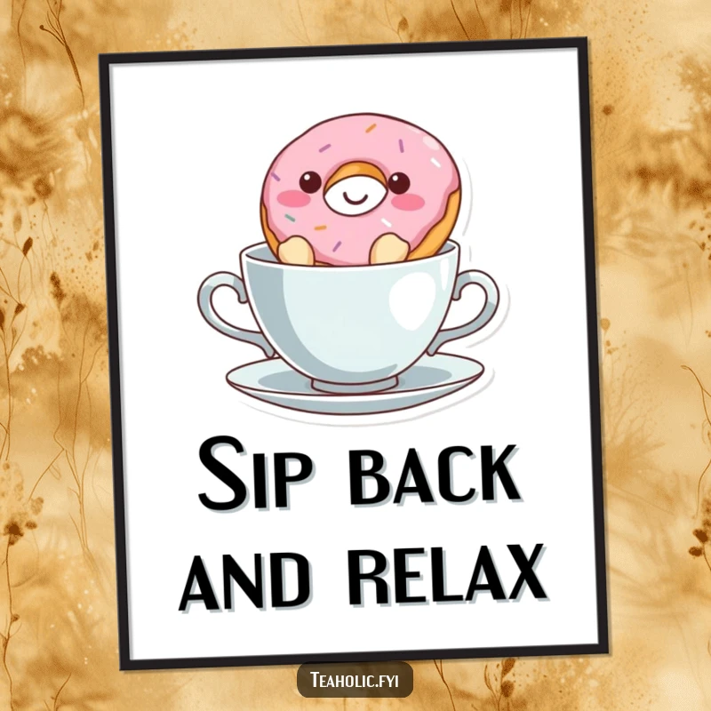 Funny donut character floating happily in a teacup, a whimsical and humorous poster for wall decoration.