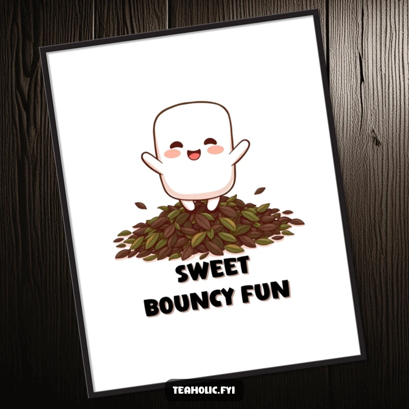 Funny giggling marshmallow character playfully bouncing on a pile of tea leaves, presented as a whimsical, humorous poster.